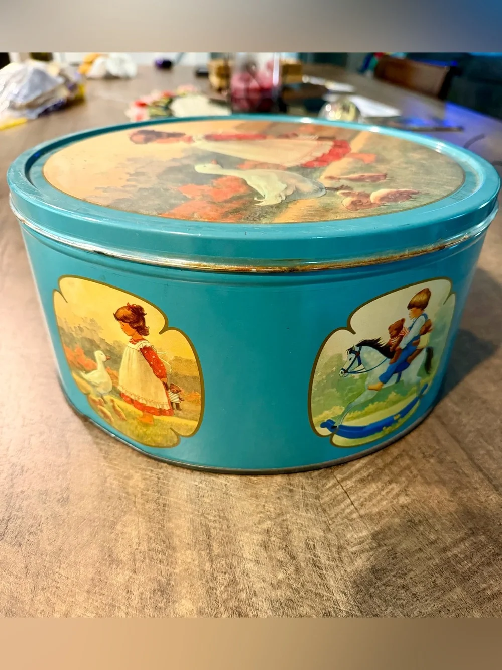 Vintage Style Danish Butter Cookie Tin Girl Geese